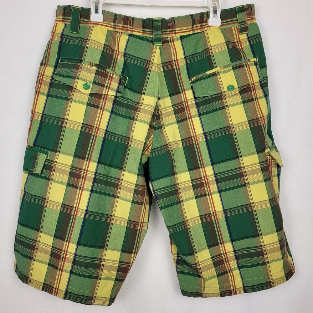 Koman Vintage Cargo Shorts Mens XL 36-38‎ Green Plaid Y2K Retro Gorpcore